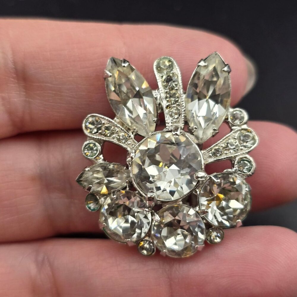Eisenberg Vintage Rhinestone Clip-On Earrings  Floral Silver-Tone Statement READ - Picture 4 of 11